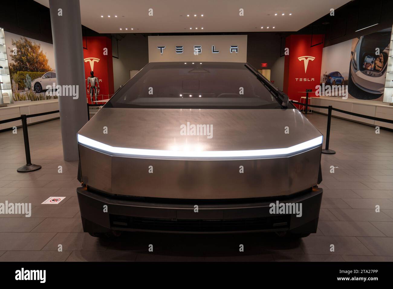 Front view of the new Tesla Cybertruck on display at the Tesla showroom in San Jose's Santana Row in California on Friday, November 24, 2023. Stock Photo