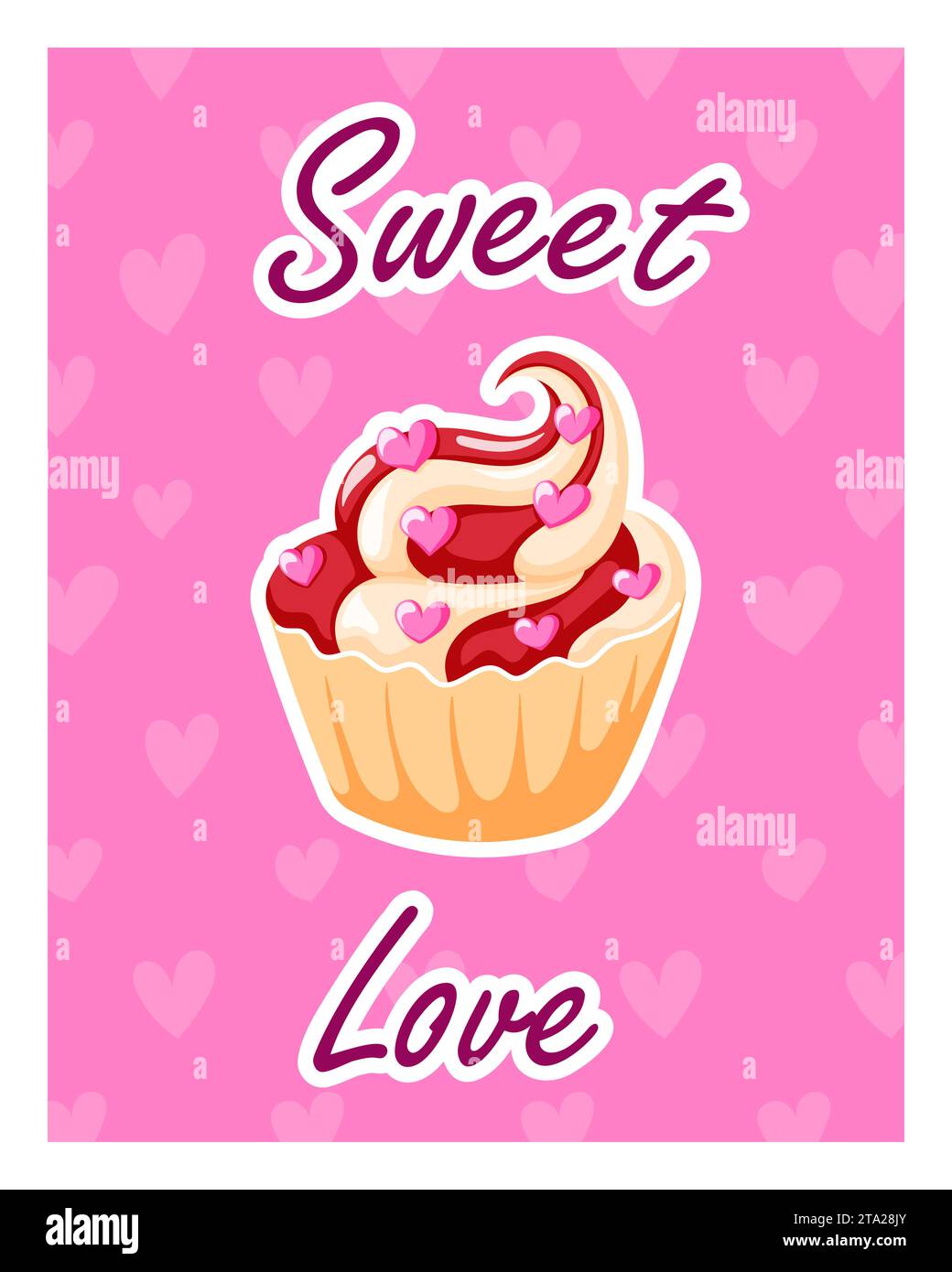 Cute Valentines Day card with a cupcake. Cake with cream decorated with ...