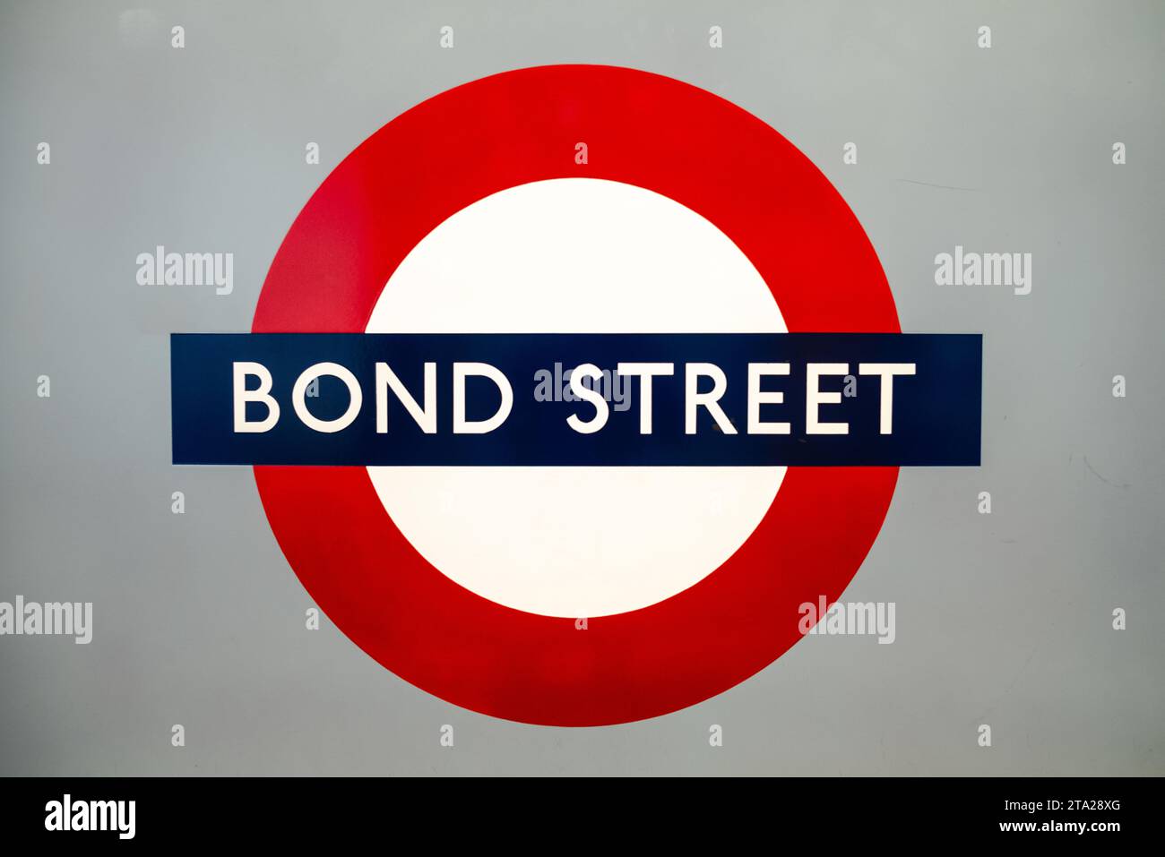 The iconic London Underground, or Tube, roundel on the Jubilee Line platform at Bond Street