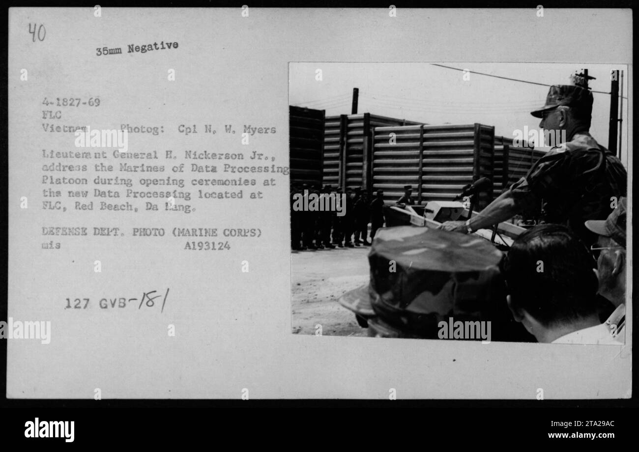 Lieutenant General H. Nickerson Jr. addressing the Marines of the Data Processing Platoon at the opening ceremonies of the new Data Processing facility at FLC, Red Beach, Da Nang. This photograph was taken by Cpl N. W. Myers and is part of a collection documenting American military activities during the Vietnam War. Stock Photo