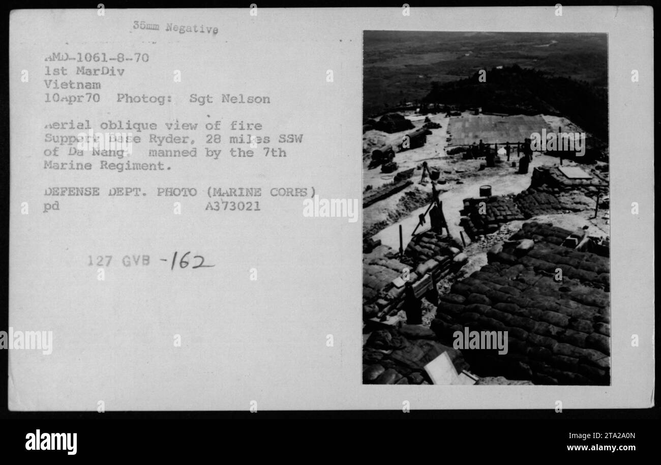 Aerial view of Fire Support Base Ryder, located 28 miles southwest of Da Nang. The base was manned by the 7th Marine Regiment of the 1st Marine Division in Vietnam. Photograph taken on April 10, 1970 by Sgt. Nelson. Image courtesy of the Defense Department. GVB - 162. Stock Photo