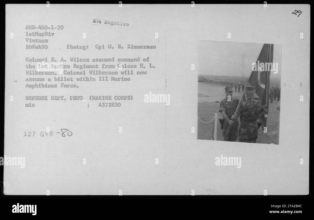 Colonel E. A. Wilcox assumes command of the 1st Marine Regiment in Vietnam on February 10, 1970. He replaced Colonel H. L. Wilkerson, who will now take a position within the III Marine Amphibious Force. Photographed by Corporal G. N. Zimmerman, this image is from the official collection of the Department of Defense (Marine Corps). Stock Photo