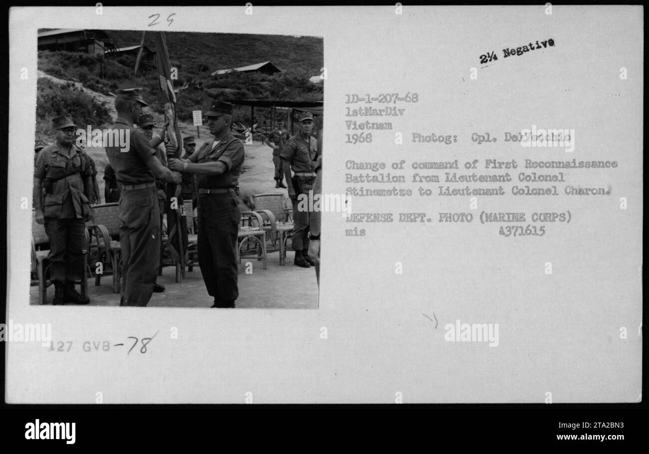 Change of command ceremony for First Reconnaissance Battalion in Vietnam, 1968. Lieutenant Colonel Stinemetze is handing over command to Lieutenant Colonel Charon. Photograph taken by Cpl. DelVecchio, Defense Department Photo, Marine Corps. Stock Photo
