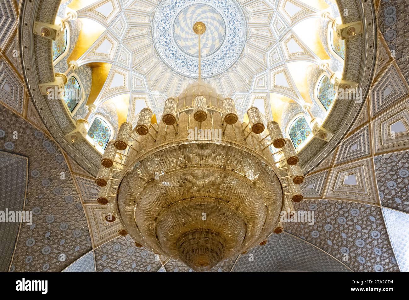 Abu Dhabi, UAE, 08.02.2020. UAE Presidential Palace Qasr Al Watan, view of the biggest, priceless chandelier with 350,000 pieces of crystal. Stock Photo