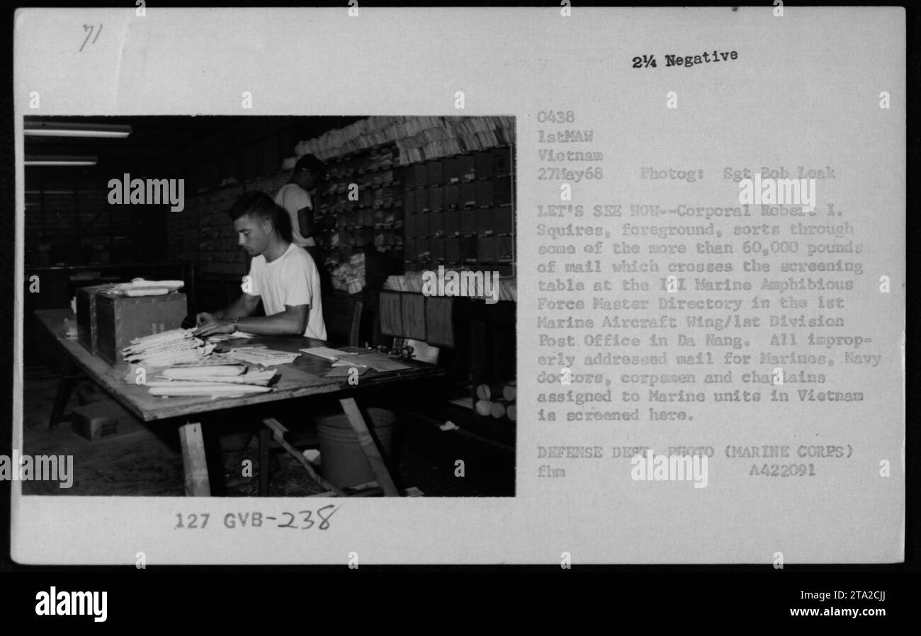 A soldier sorts through a large volume of mail at the III Marine Amphibious Force Master Directory in the 1st Marine Aircraft Wing/1st Division Post Office in Da Nang. The post office serves Marines, Navy doctors, corpsmen, and chaplains assigned to Marine units in Vietnam. An estimated 60,000 pounds of mail are processed here. This photo was taken on May 27, 1968, by Sgt. Bob Loak. Stock Photo