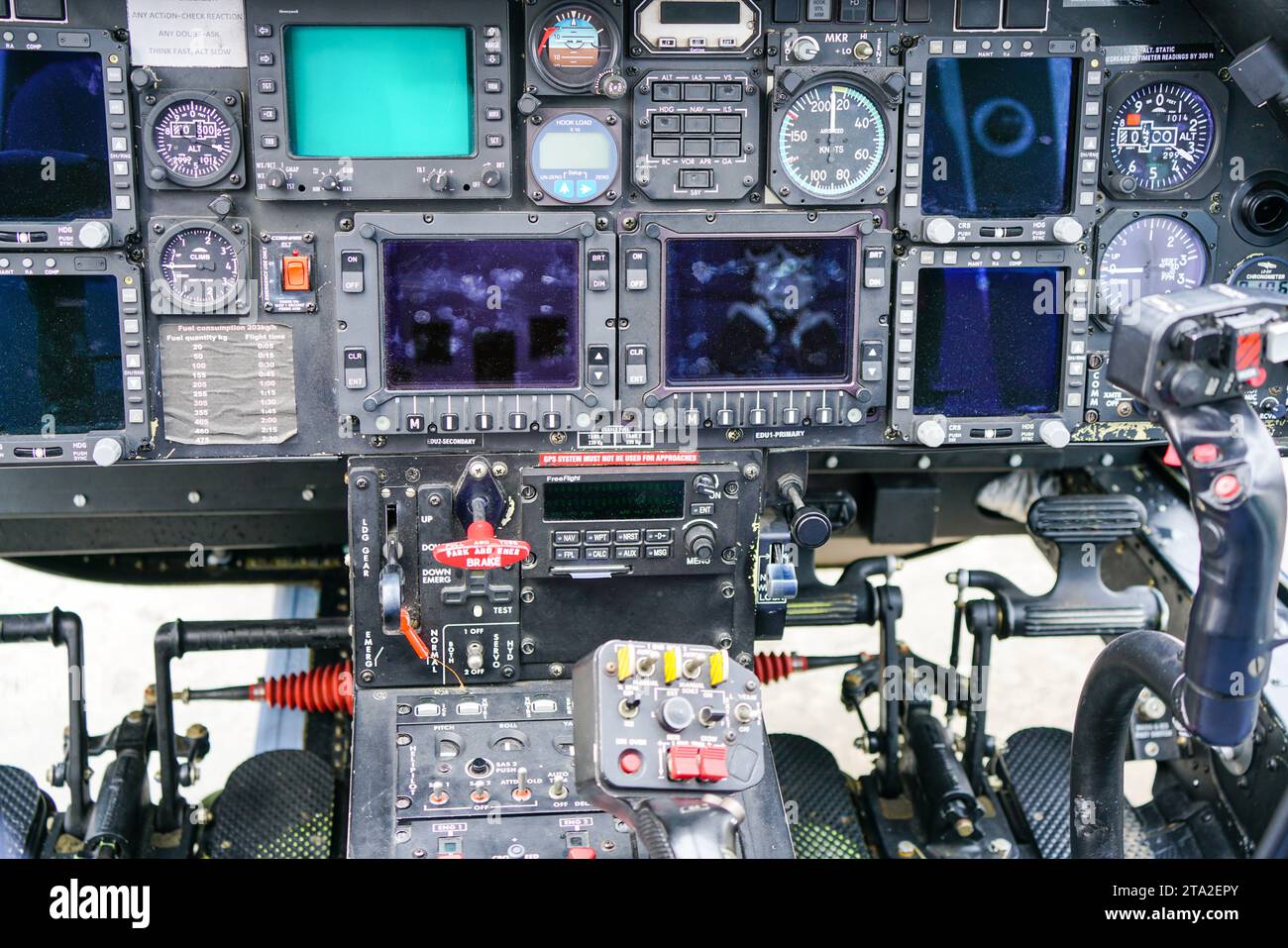 Interior view of helicopter Agusta cockpit with control pedals