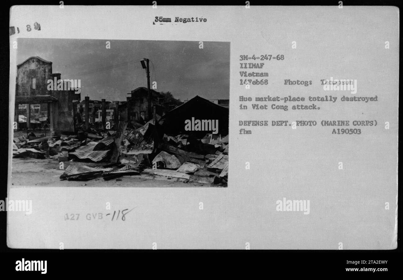 Hue market-place destroyed during a Viet Cong attack. Photograph taken ...
