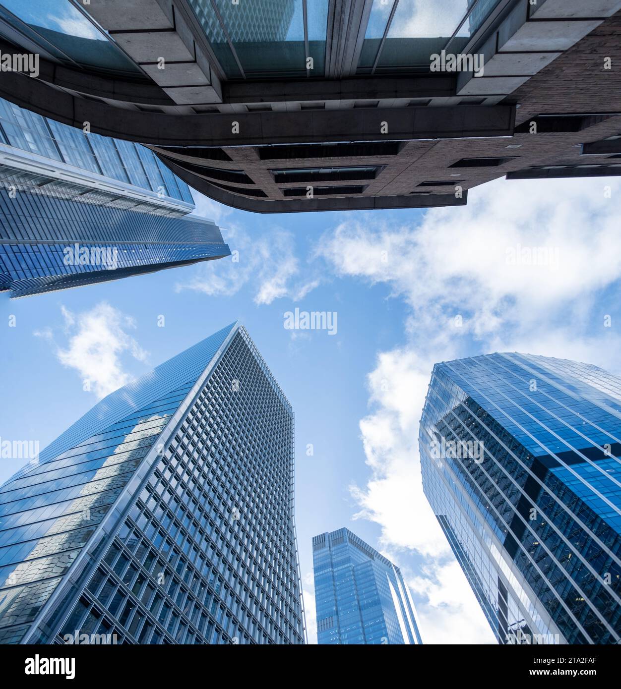 City Of London- upward view of skyscraper office buildings on Bishopsgate Stock Photo