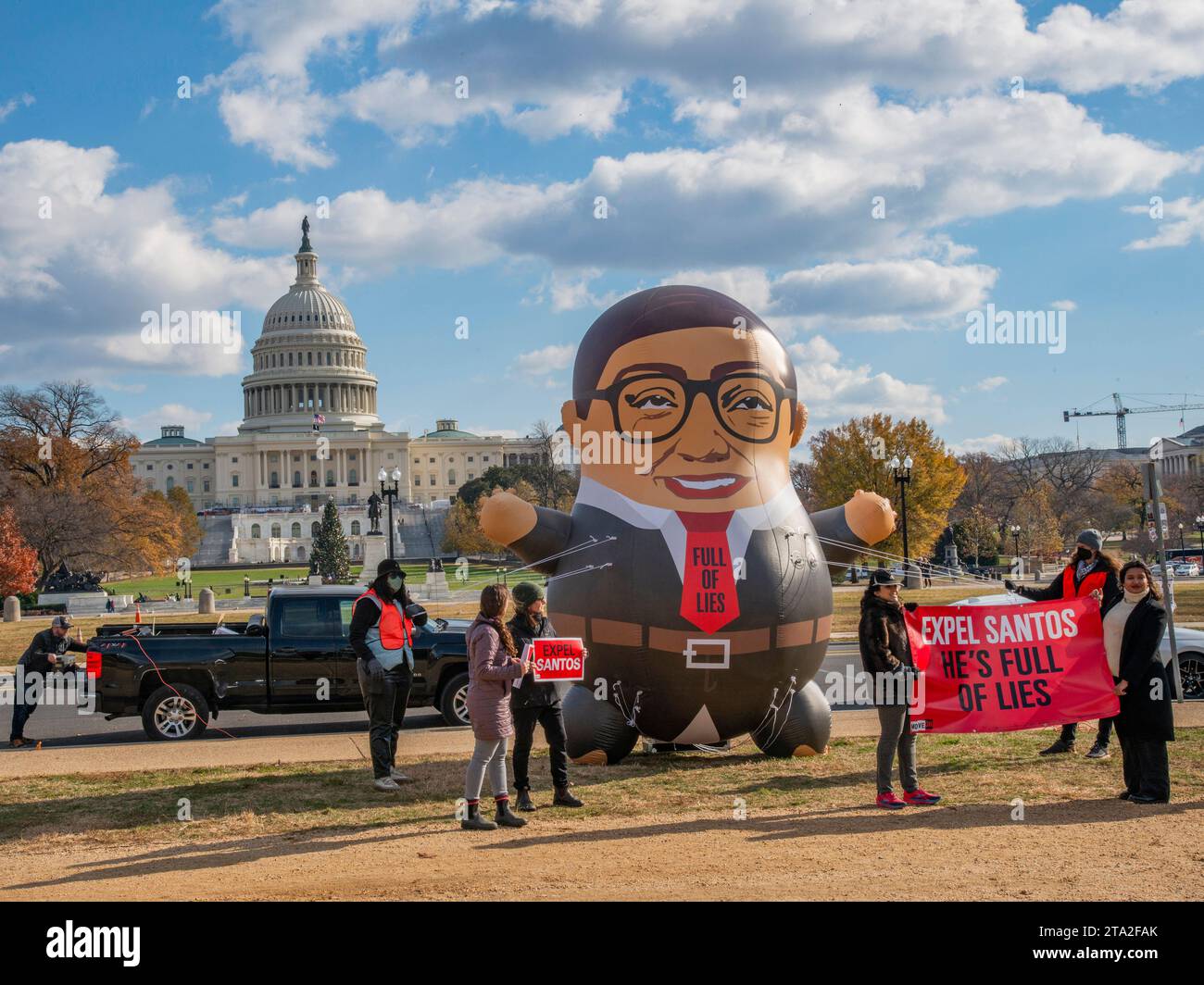 An Oversized blimp of the now expelled former Congressman, George Santos, R-NY is on display on the National Mall in Washington DC.  Patsy Lynch/Alamy Stock Photo