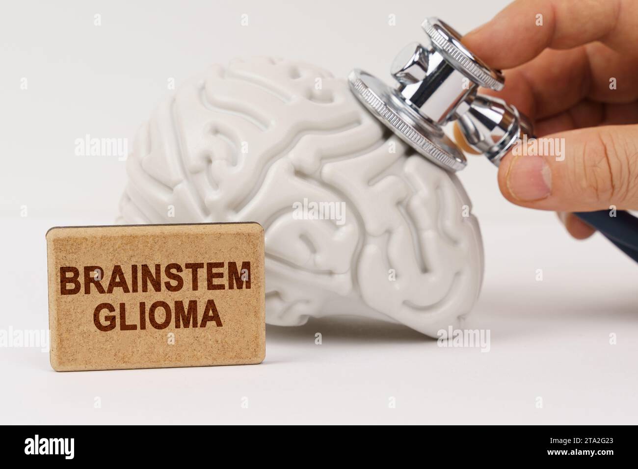 Medical concept. On a white surface, the brain is diagnosed using a stethoscope, next to it is a sign with the inscription - Brainstem glioma Stock Photo