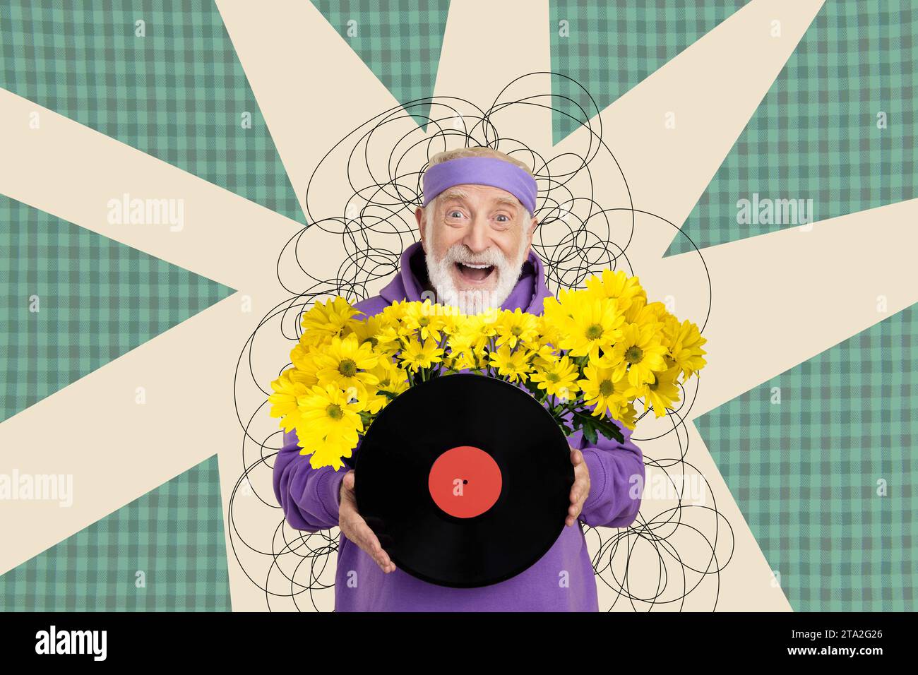 Creative poster collage of old energetic cool positive man hold vinyl record yellow flowers party bizarre unusual fantasy billboard Stock Photo