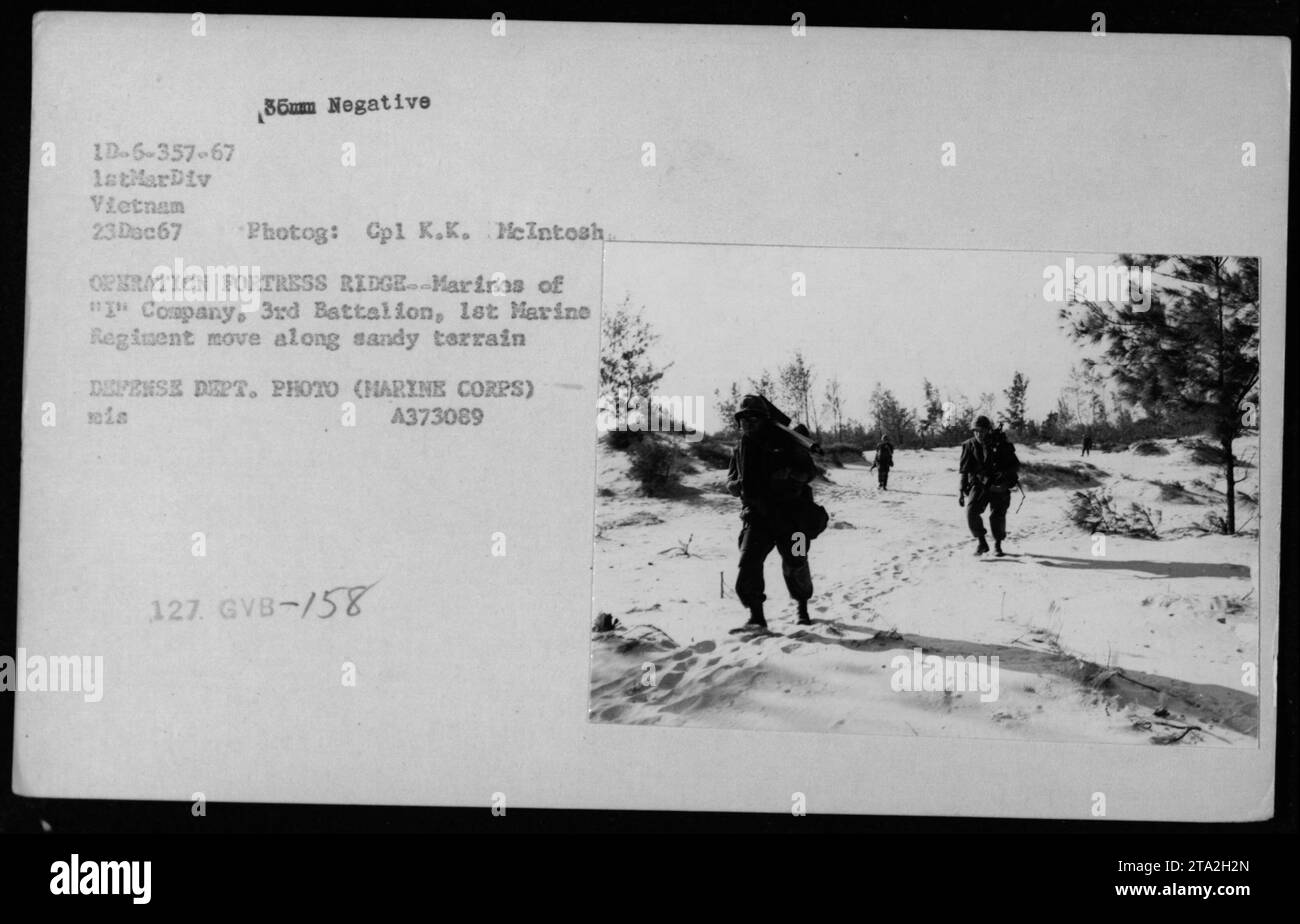 Marines from 'I' Company, 3rd Battalion, 1st Marine Regiment are seen moving across sandy terrain during Operation Fortress Ridge in Vietnam on December 23, 1967. The photograph was taken by Corporal K.K. McIntosh and is part of the Defense Department's photography collection. Stock Photo