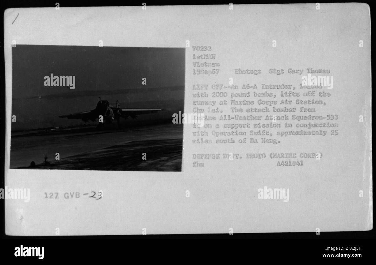 A-6 Intruder Aircraft taking off from Marine Corps Air Station Cha Lat. The aircraft, from Marine All-Weather Attack Squadron-533, is loaded with a 2000-pound bomb. It was on a support mission for Operation Swift, approximately 25 miles south of Da Hang. Photographed on September 15, 1967 by SSgt Gary Thomas. Stock Photo