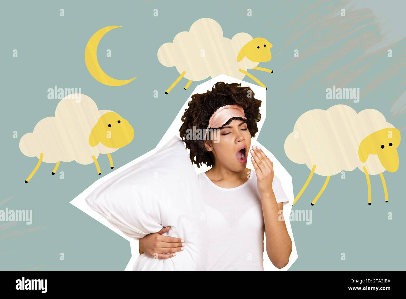 Picture magazine sketch collage image of yawning tired lady counting