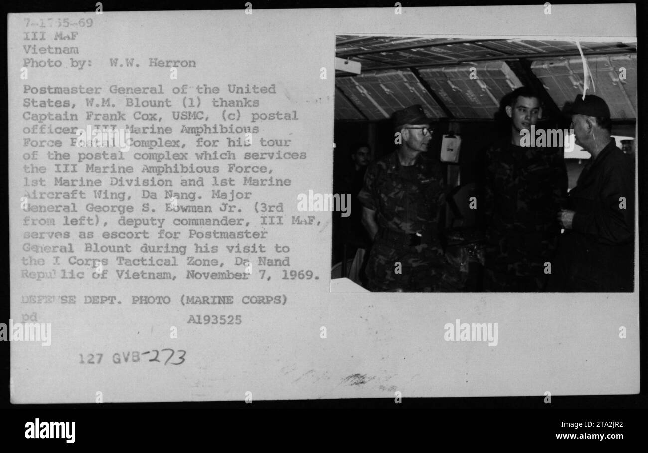 Postmaster General W.M. Blount (1) thanks Captain Frank Cox, a postal