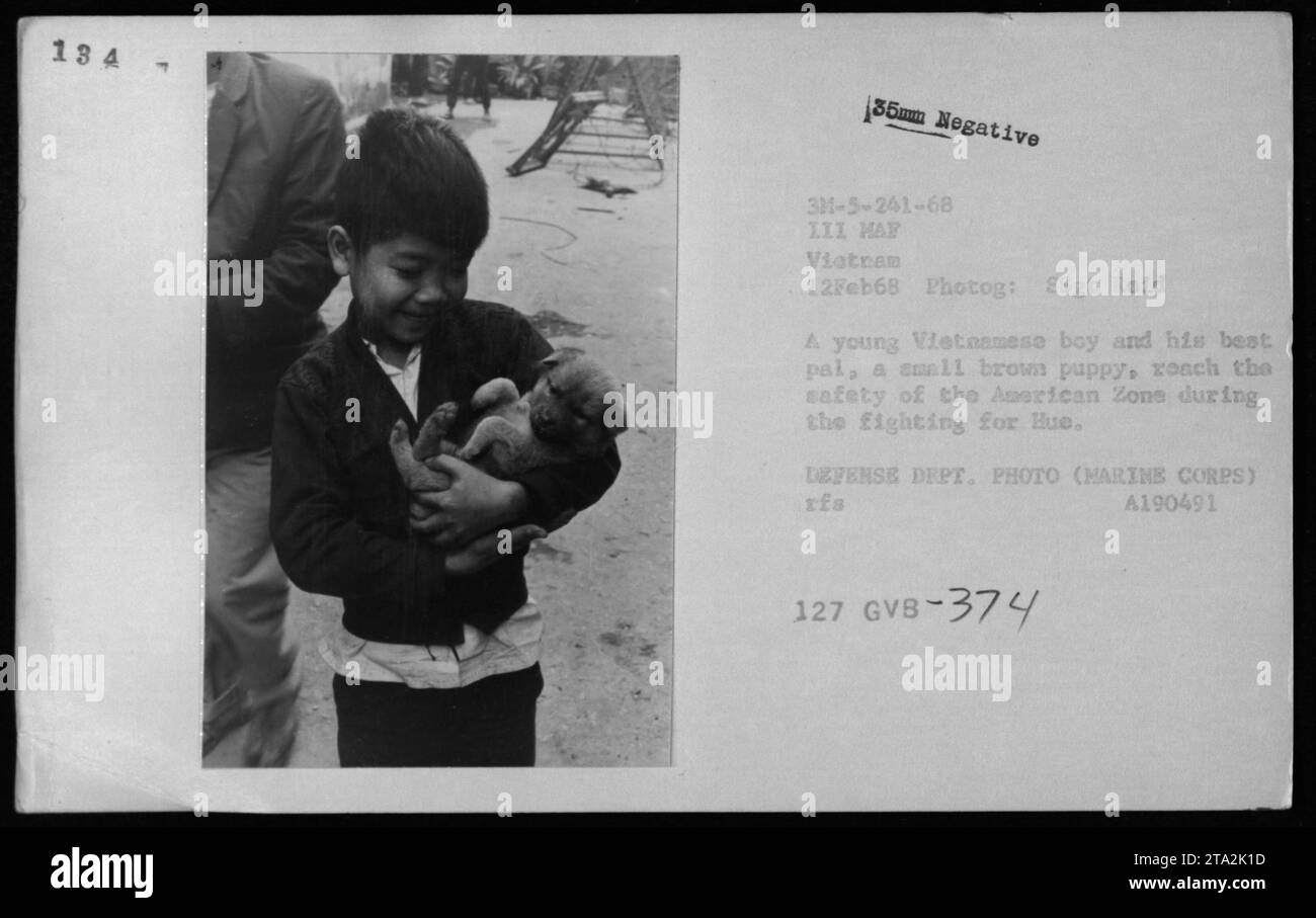A young Vietnamese boy carries a small brown puppy to safety in the