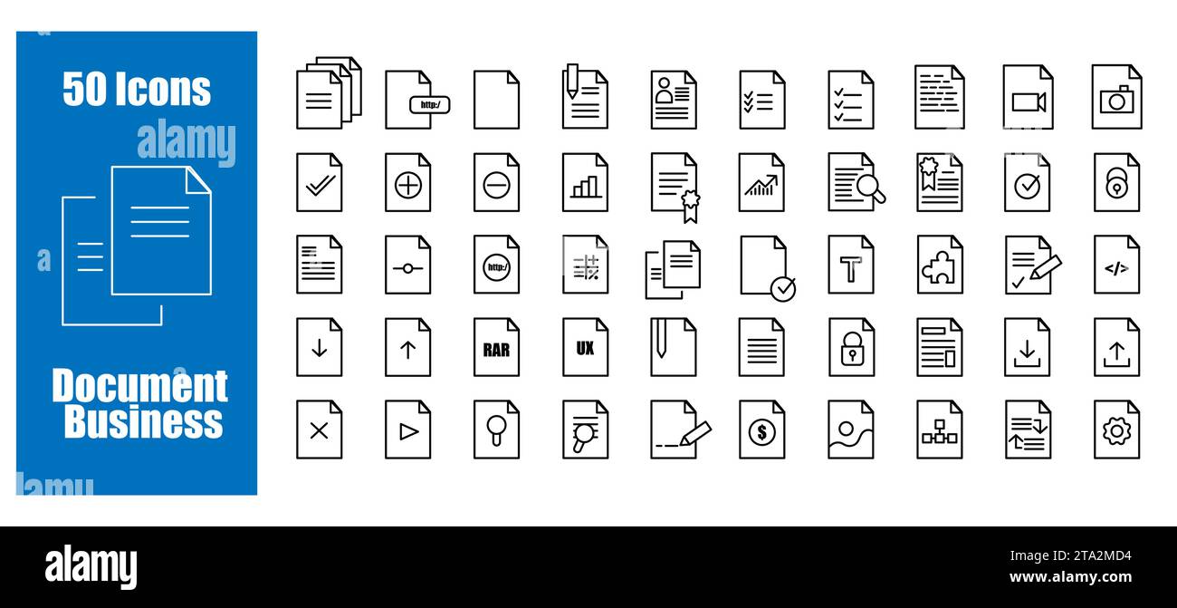 Set business document vector icon. Lined file and web doc for office. Folder symbol illustration and format pictogram report black image. Computer doc Stock Vector