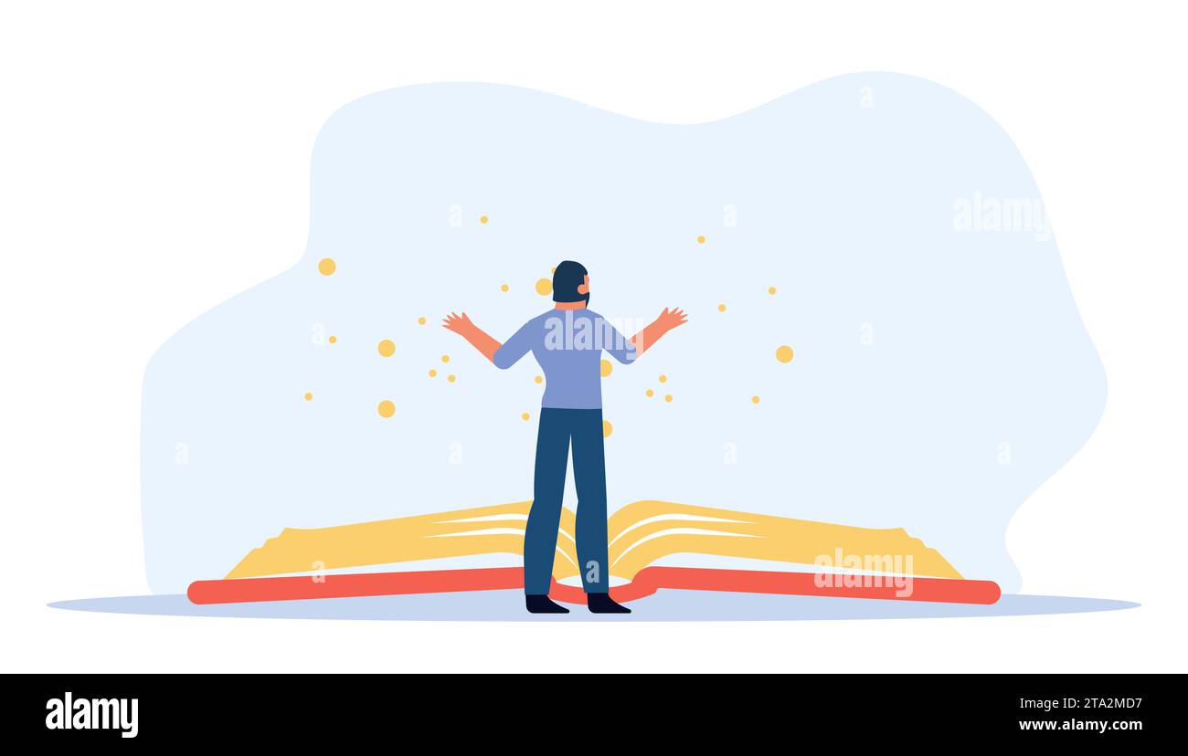 Vector illustration of person reading a book, representing the concept of educational learning in flat and cartoon style. Library is place for student Stock Vector