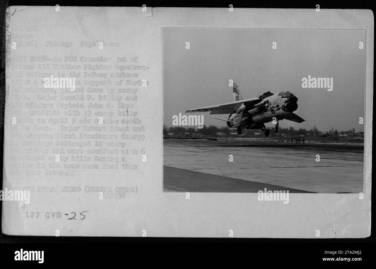 F-8 Crusader jet of All Weather Fighter Squadron returns to DaNang airbase after supporting Marine infantrymen. Major Donald K. Dilley, Captain John C. Shaw, Major Robert Plant, and First Lieutenant George [last names illegible] credited with enemy kills on April 9 air strike. Image from Vietnam, dated April 12, 1967. Defense Department photo, Marine Corps. Stock Photo