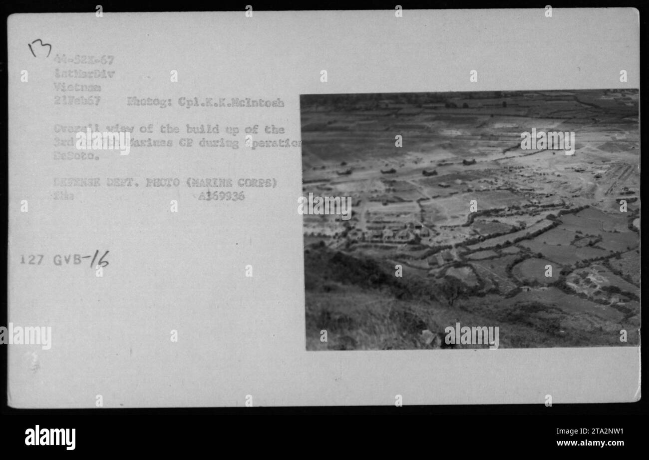 Overall view of the 3rd Battalion, 7th Marines Command Post during Operation DeSoto in Vietnam on February 21, 1967. The image shows the buildup of the Command Post, captured by Cpl. K.K. McIntosh. This photograph is a part of the Defense Department Photo (Marine Corps) collection. (Caption: Aerial view of 3rd Bn, 7th Marines CP during Operation DeSoto. Source: Defense Dept Photo (Marine Corps) A169936) Stock Photo