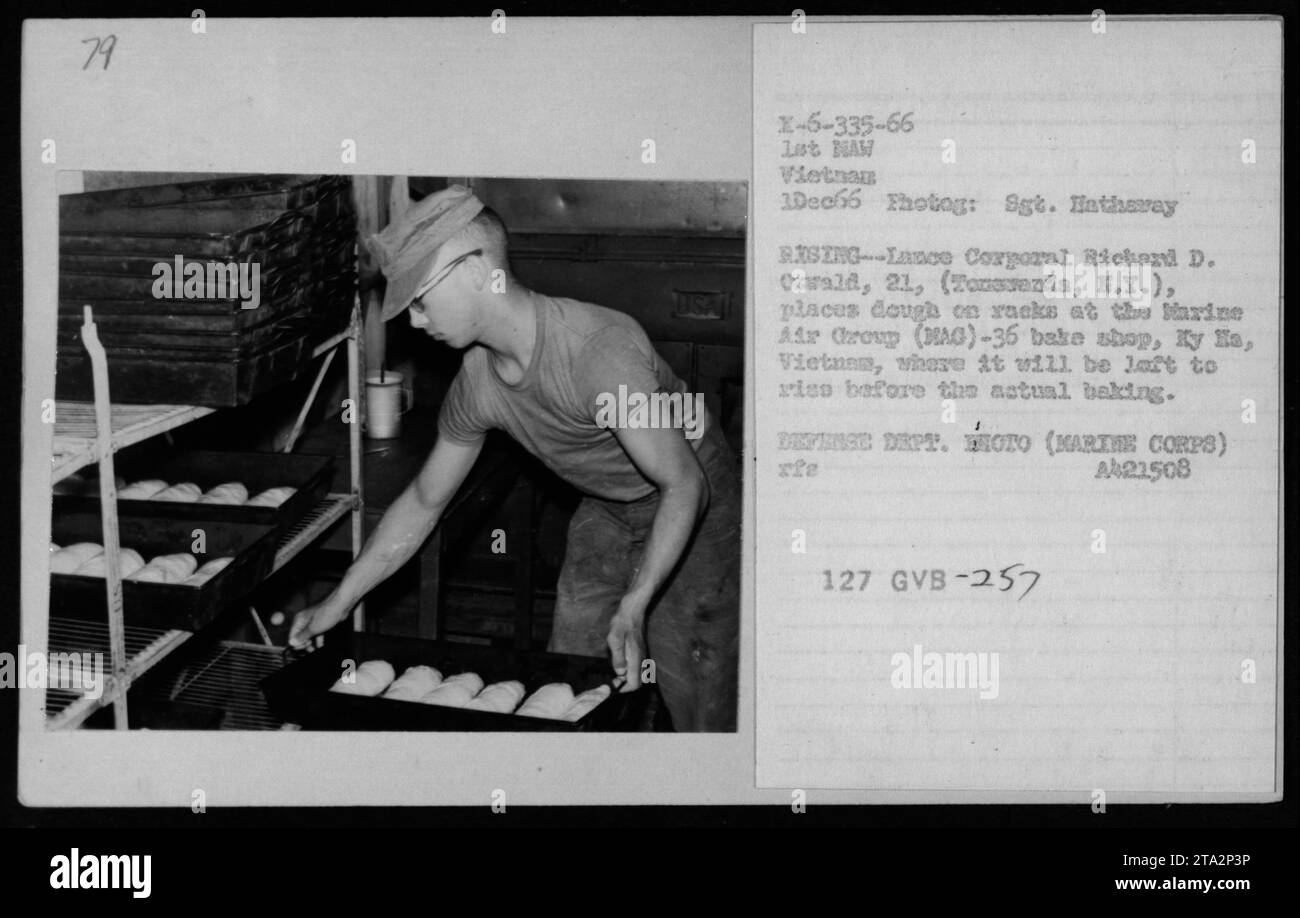 Lance Corporal Richard D. Onrald, 21, a messman (cook, baker) with the Marine Air Chroup (AG)-36, prepares dough at the bake shop in Iy Ha, Vietnam, on December 1, 1966. The dough is placed on racks to rise before baking. Photo taken by Sgt. Hathaway (DEFENSE DEPT.). Marthe Corps. GVB-257 Lot NAM Vietnam 1Dec66. Stock Photo