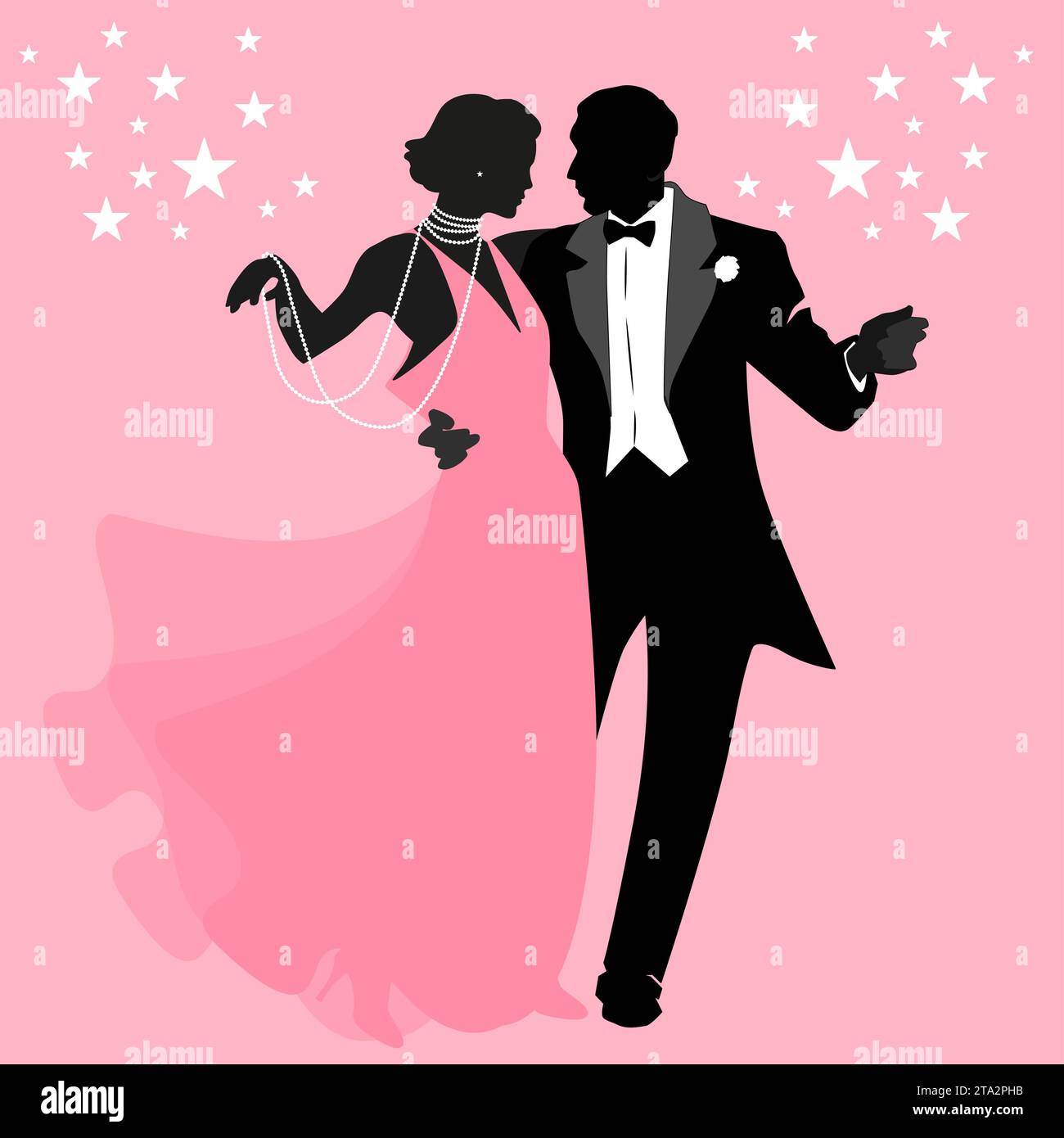 Elegant dancers couple silhouettes dancing in retro fashion style. Broadway dance style. Stock Vector