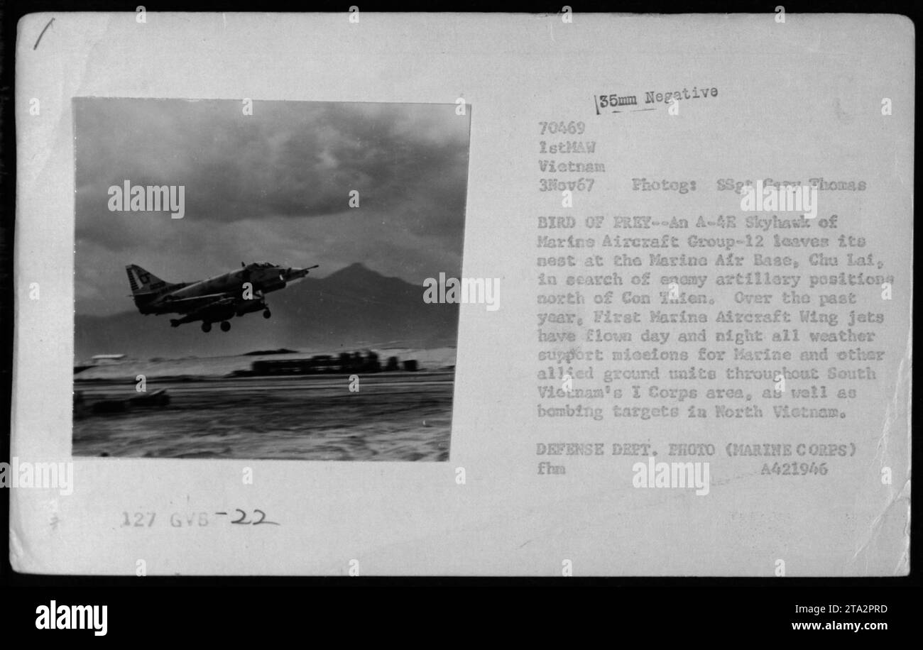 A-4 Skyhawk aircraft from Marine Aircraft Group-12 taking off from Marine Air Base, Chu Lai, Vietnam. The aircraft is on a mission to locate enemy artillery positions north of Con Thien. These jets have been providing support to Marine and allied ground units in South Vietnam's I Corps area, as well as bombing targets in North Vietnam for over a year. Photograph taken by SSgt. Gary Thomas on November 3, 1967. Stock Photo