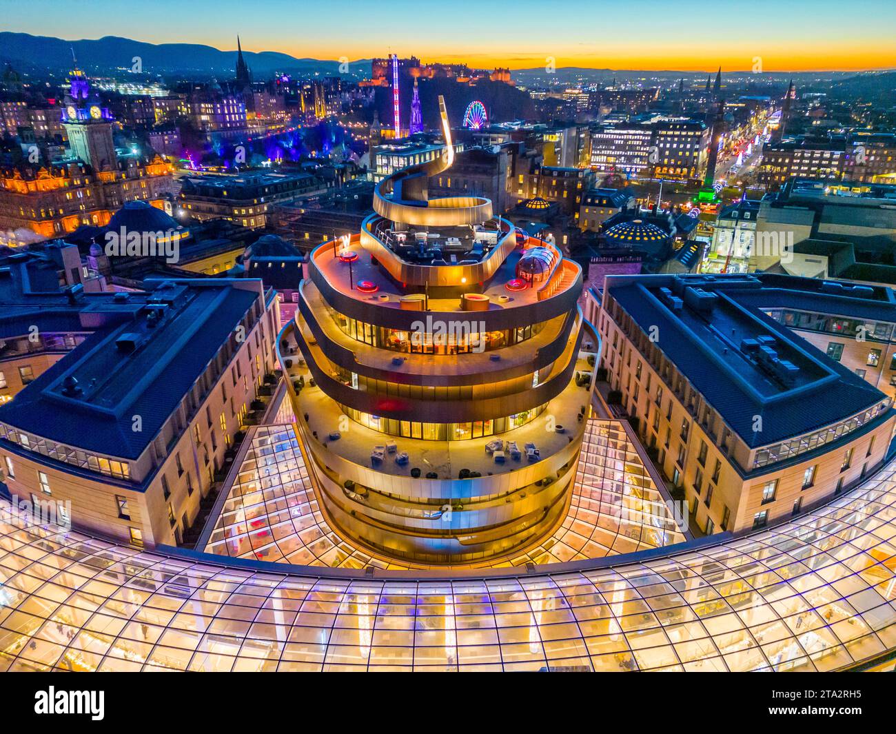 Night aerial views from drone of the new W Hotel a Marriott Bonvoy hotel, at the St James Quarter in Edinburgh Scotland, UK Stock Photo