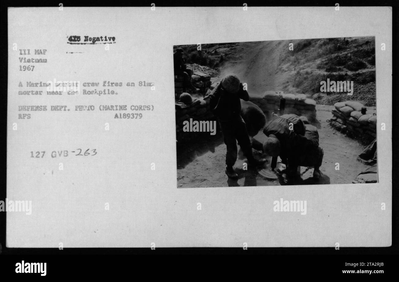 A Marine engages in mortar fire near the Rockpile, Vietnam, in 1967
