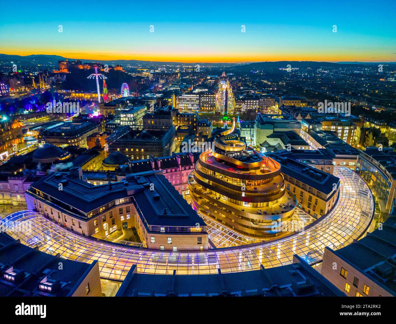 Night aerial views from drone of the new W Hotel a Marriott Bonvoy hotel, at the St James Quarter in Edinburgh Scotland, UK Stock Photo