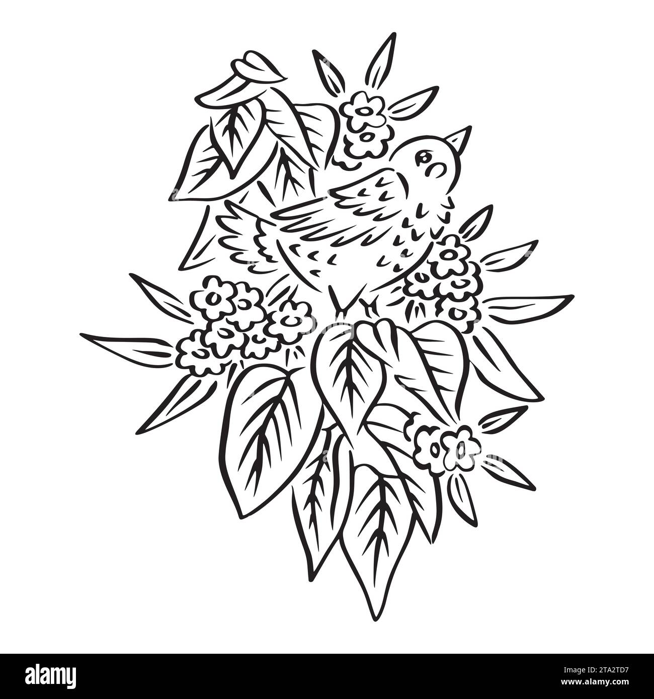 Hand drawn cute bird sitting on a branch with leaves and flowers Stock ...