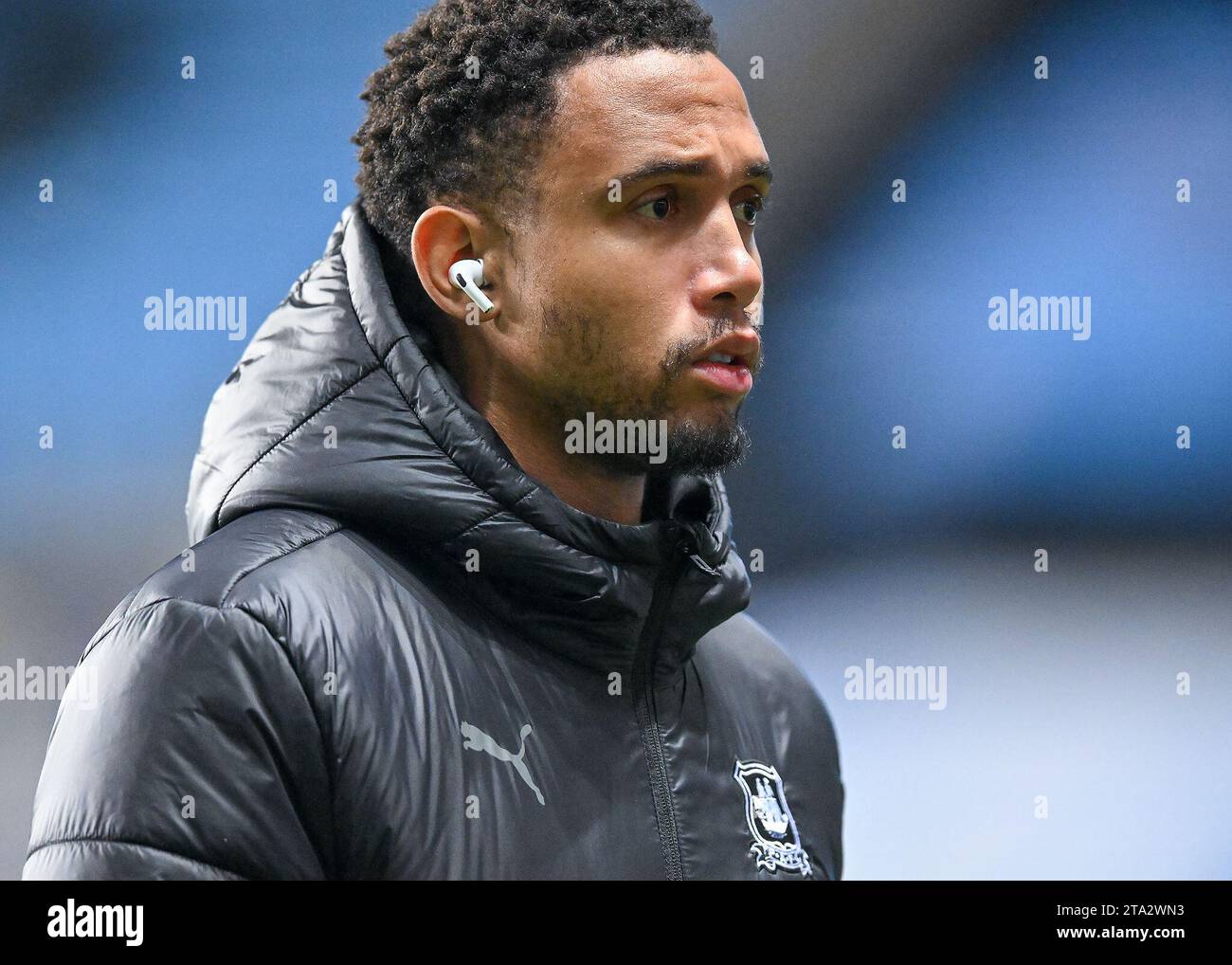 Brendan Galloway 22 of Plymouth Argyle walks on and inspect the pitch