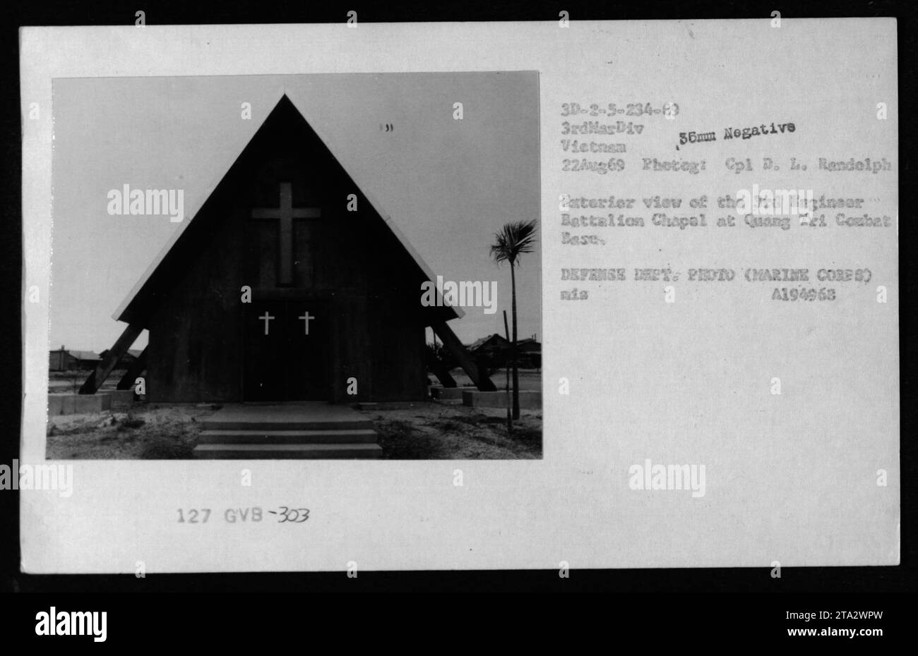 Exterior view of the 3rd Engineer Battalion Chapel at Quang Tri Combat Base in Vietnam. The photograph, taken on August 22, 1969, captures the architecture of the chapel and its surroundings. This image is part of a collection documenting American military activities during the Vietnam War. Stock Photo