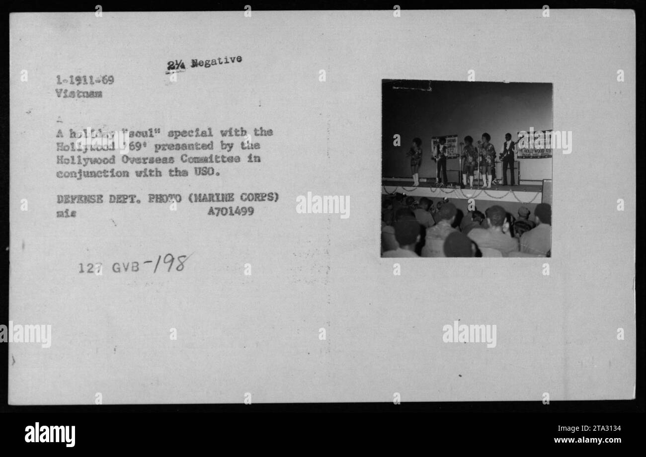 The Hollywood Overseas Committee presented a holiday 'soul' special featuring the Hollywood 69 entertainers in Vietnam in 1969. This event, in collaboration with the USO, aimed to provide entertainment to American military personnel stationed in Vietnam. This photograph is a negative from the Defense Department's Marine Corps Collection. Stock Photo