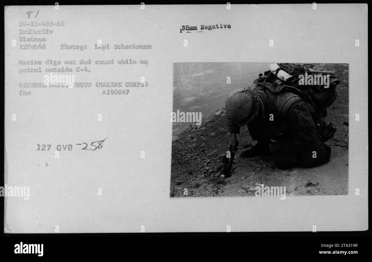 Marine Corps personnel dig out a dud round while on patrol outside C-4, as part of mine sweepers and disposal operations in Vietnam. This photograph, taken by LCpl Schackmann on February 22, 1968, captures the efforts of the 3rd Marine Division in clearing mines. DEFENSE DEPT. PHOTO (MARINE CORPS). Stock Photo