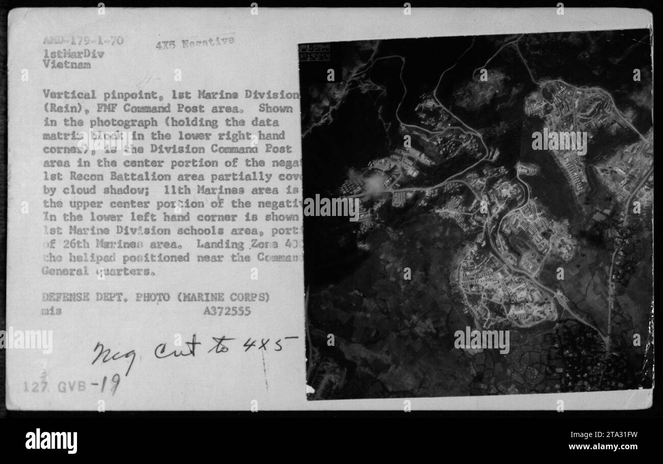 An aerial photograph shows the Division Command Post of the 1st Marine ...