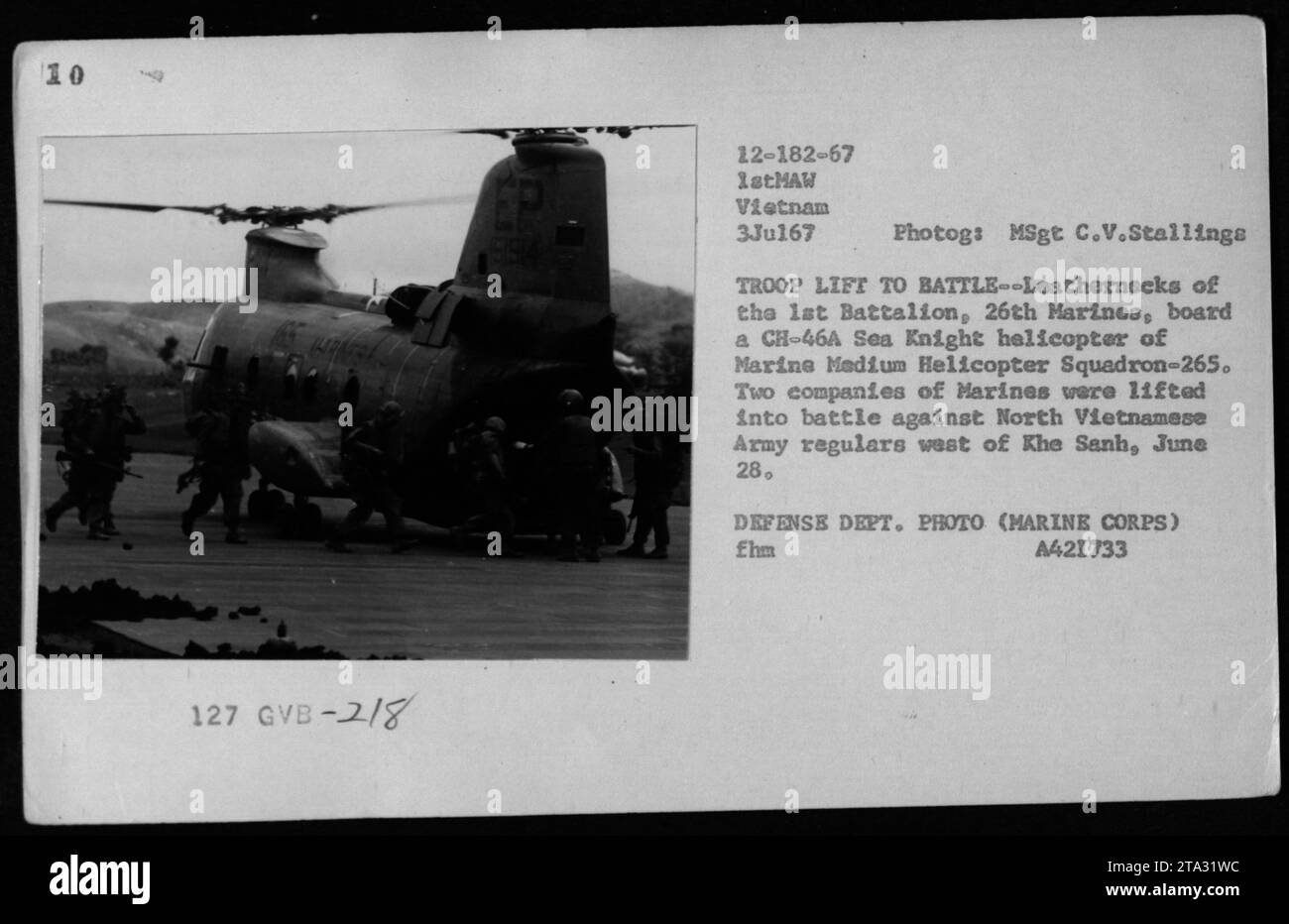 Leathernecks from the 1st Battalion, 26th Marines, board a CH46A Sea Knight helicopter of