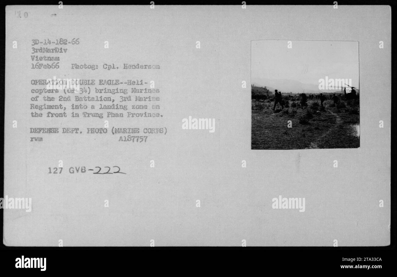 UH-34 helicopters conducting a military operation named 'Operation Double Eagle.' They are seen transporting Marines from the 2nd Battalion, 3rd Marine Regiment, into a landing zone located in Trung Phan Province on February 16, 1966. This photograph was taken by Cpl. Henderson of the Defense Department. Stock Photo