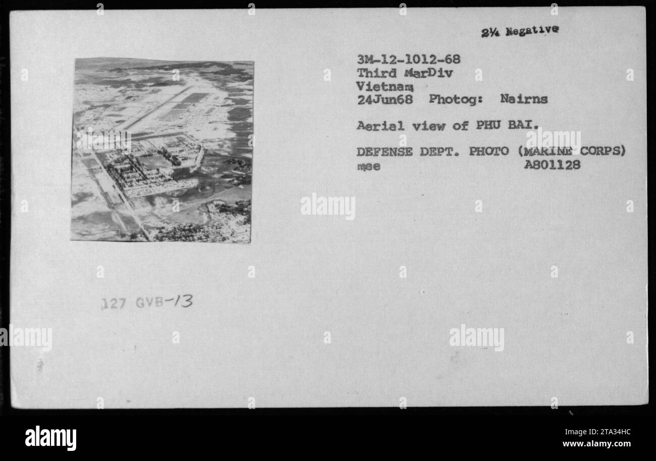 Aerial view of Phu Bai, Vietnam taken on June 24, 1968. This photograph shows the landscape and military activities in the area. It was taken by Nairns and is part of the Defense Department's collection of Marine Corps photos. Negative code: 3M-12-1012-68. Stock Photo