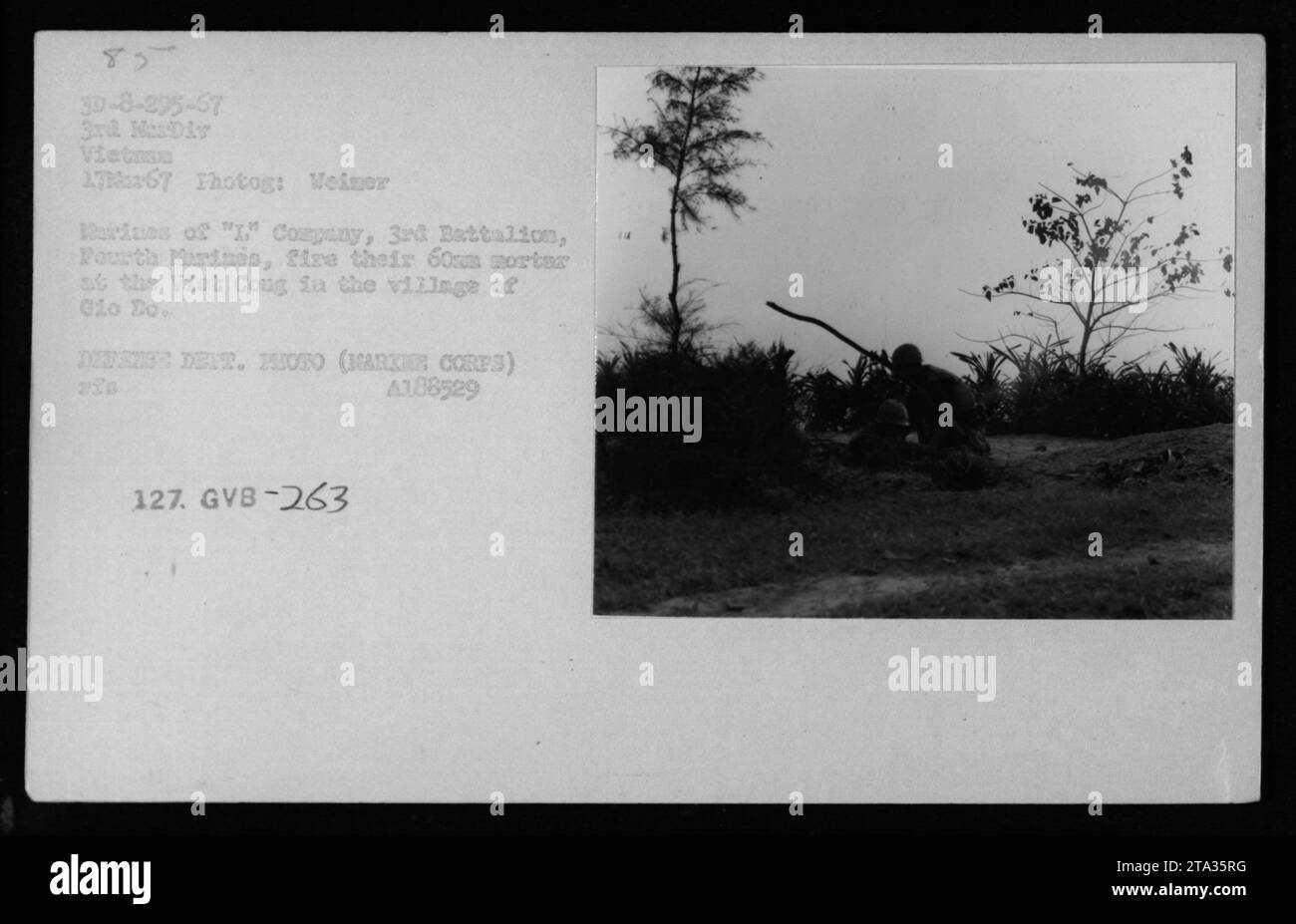 Soldiers from 'I' Company, 3rd Battalion, Fourth Marines, are seen firing their 60mm mortar at the Viet Cong in the village of Gio Do on March 17, 1967. The photograph captures the military activities of the American forces during the Vietnam War. Stock Photo