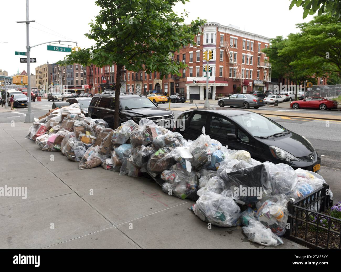 New York, USA May 30, 2018 Garbage in bags on the street of Brooklyn