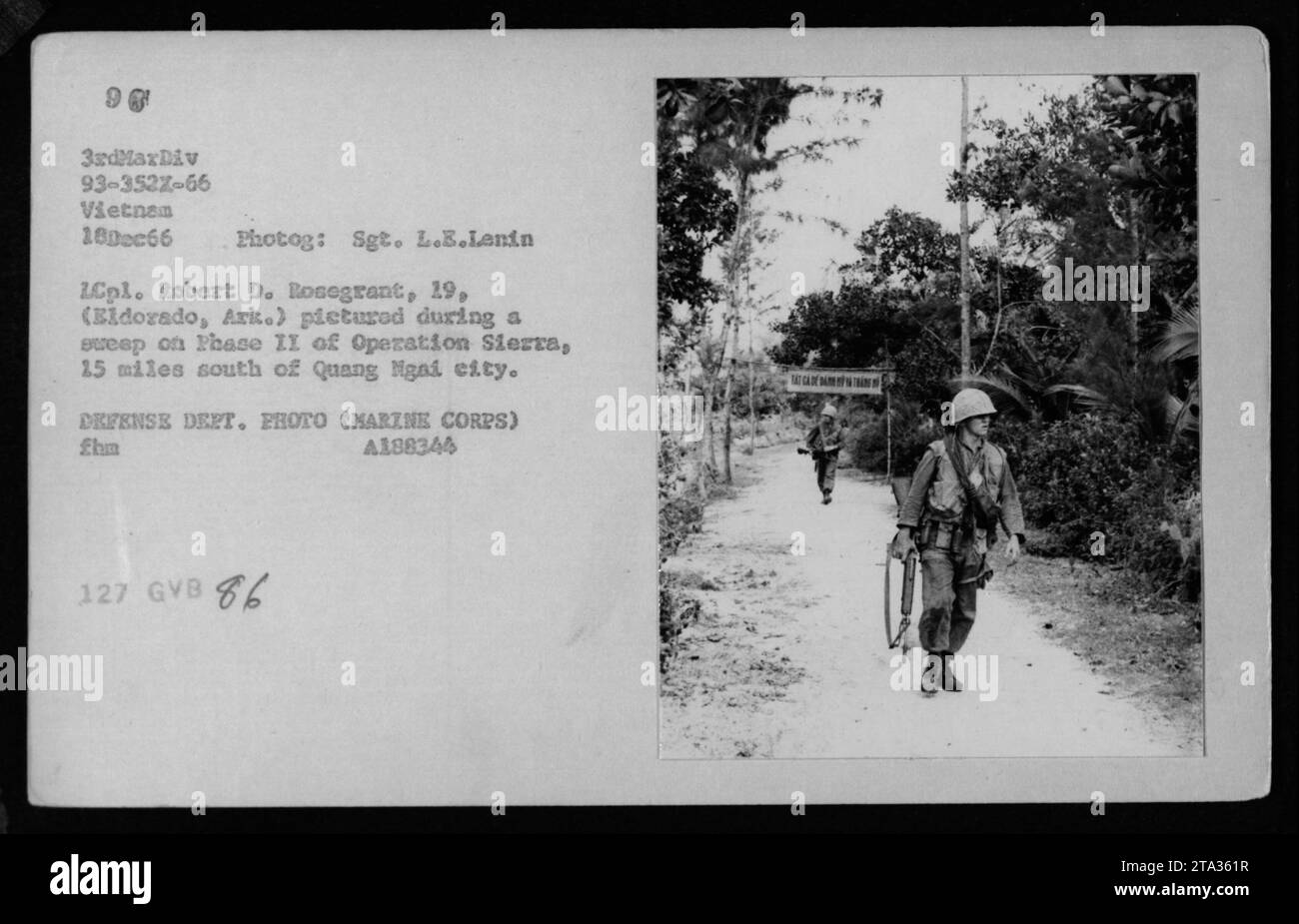 LCpl. Robert D. Rosegrant, 19, from Eldorado, Arkansas, can be seen in this image during a sweep on Phase II of Operation Sierra, located 15 miles south of Quang Ngai city. The photograph was taken on December 18, 1966, during the Vietnam War by Sgt. L.E. Lenin, a photographer of the Marine Corps. Stock Photo