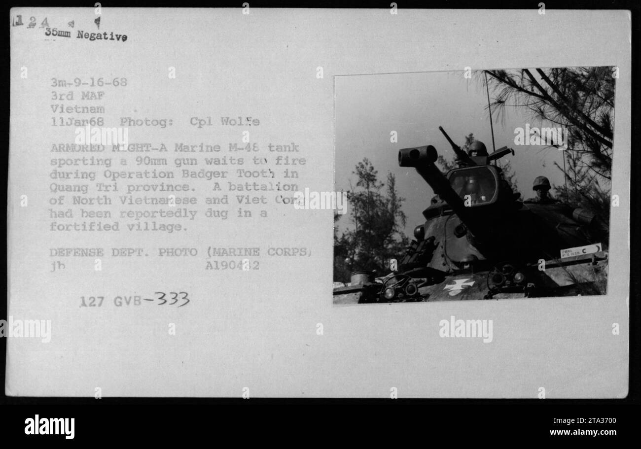 Marine M-48 tank equipped with a 90mm gun stands ready to engage in ...