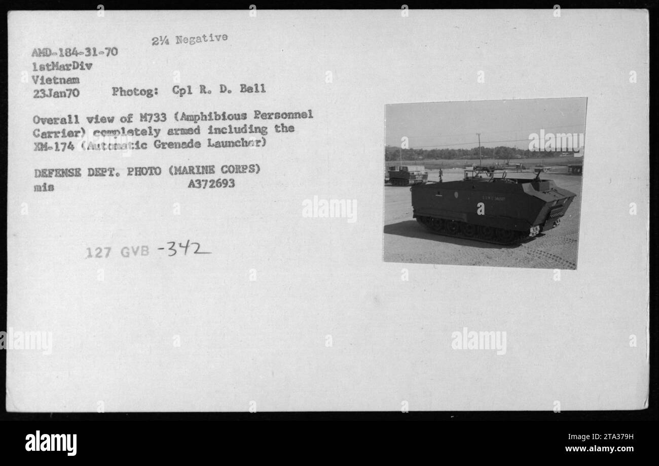 Amphibious Personnel Carrier M733, equipped with an XM-174 Automatic Grenade Launcher, seen in Vietnam during January 23, 1970. This image provides a comprehensive view of the fully armed vehicle. Photograph taken by Cpl R. D. Bell and released by the Defense Department (Marine Corps). Negative Number: AMD-184-31-70. Stock Photo