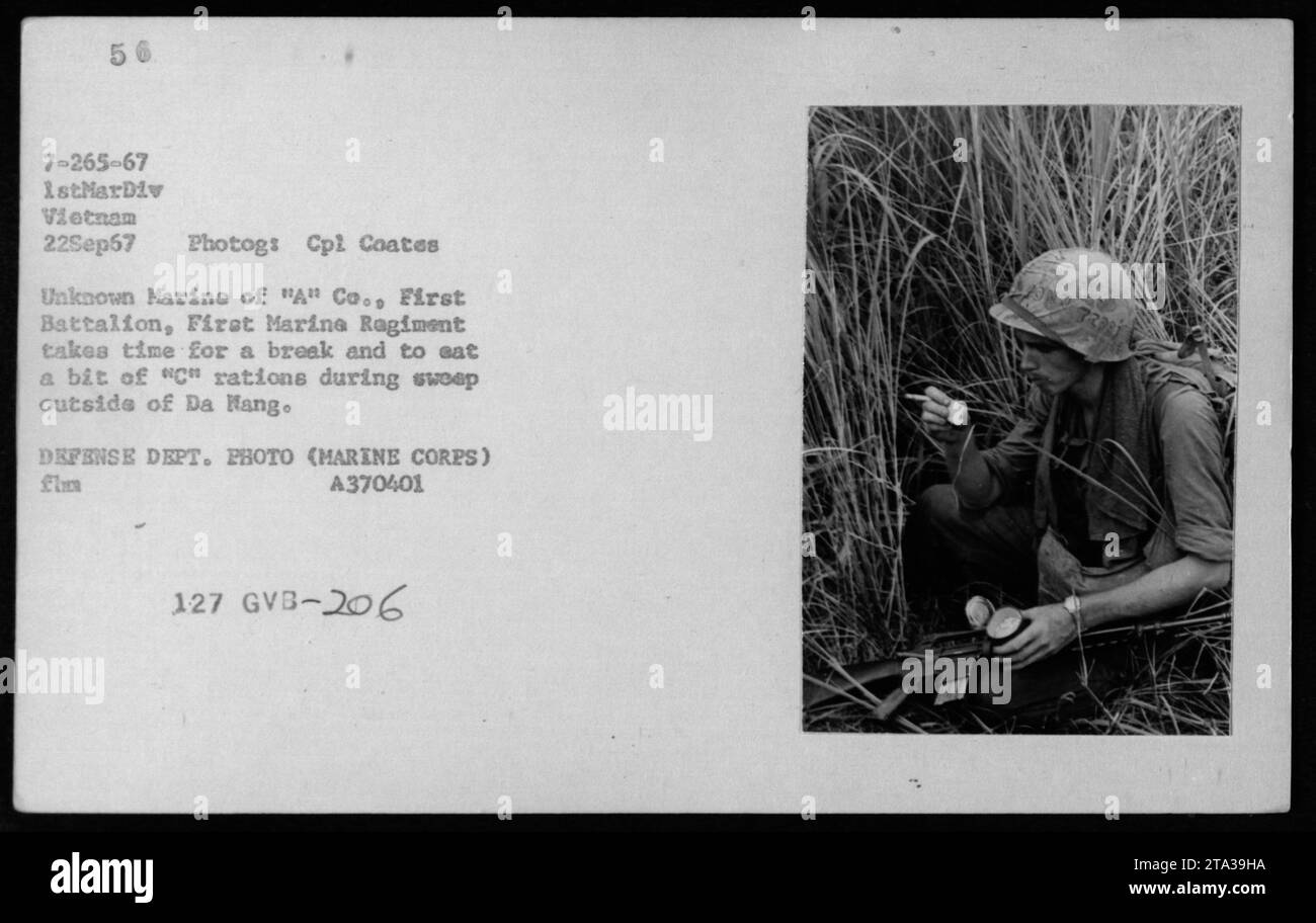 Unknown Marine of 'A' Co., First Battalion, First Marine Regiment taking a break and eating 'C' rations during a sweep outside of Da Nang, Vietnam on September 22, 1967. The photograph was taken by Cpl Coates and is part of the 1stMarDiv Vietnam collection (225ep57). Stock Photo
