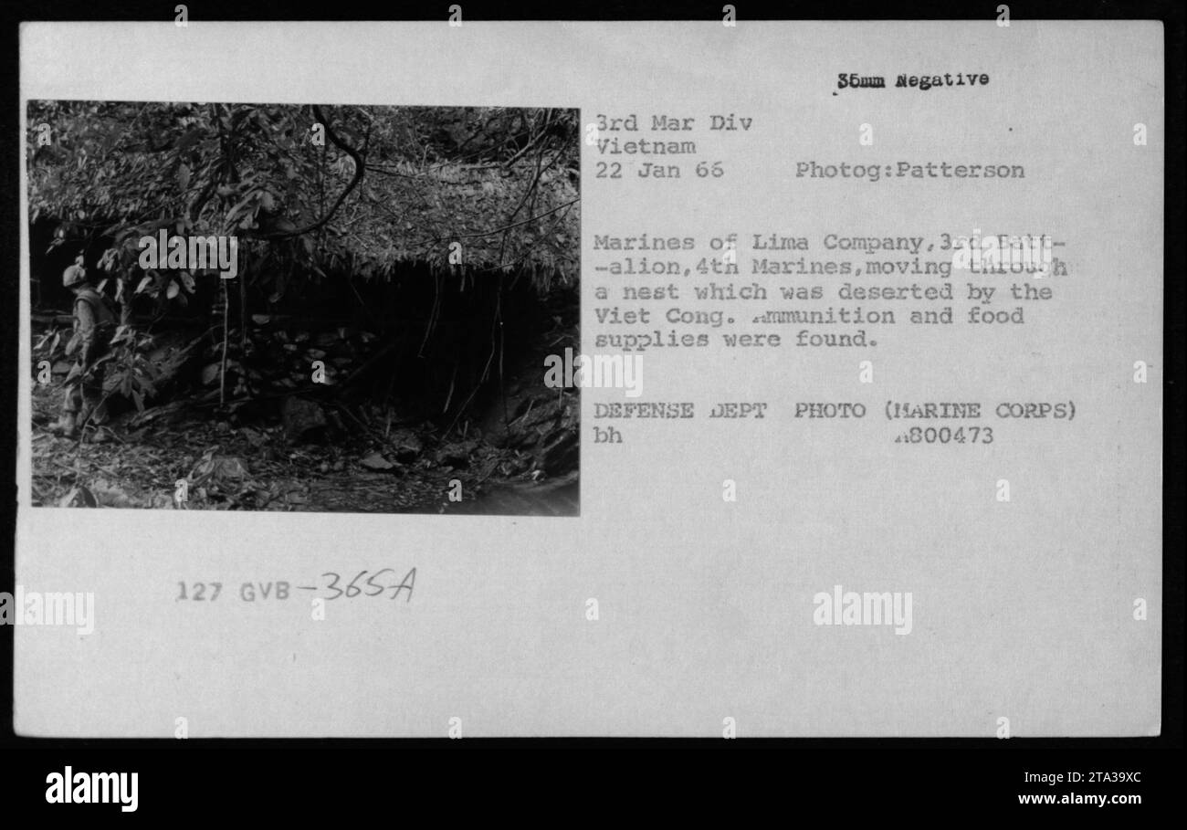 Marines from Lima Company, 3rd Battalion, 4th Marines are seen moving through a Viet Cong nest on January 22, 1966. The nest had been abandoned by the Viet Cong forces, but left behind were ammunition and food supplies. This photograph was taken during the Vietnam War. Stock Photo