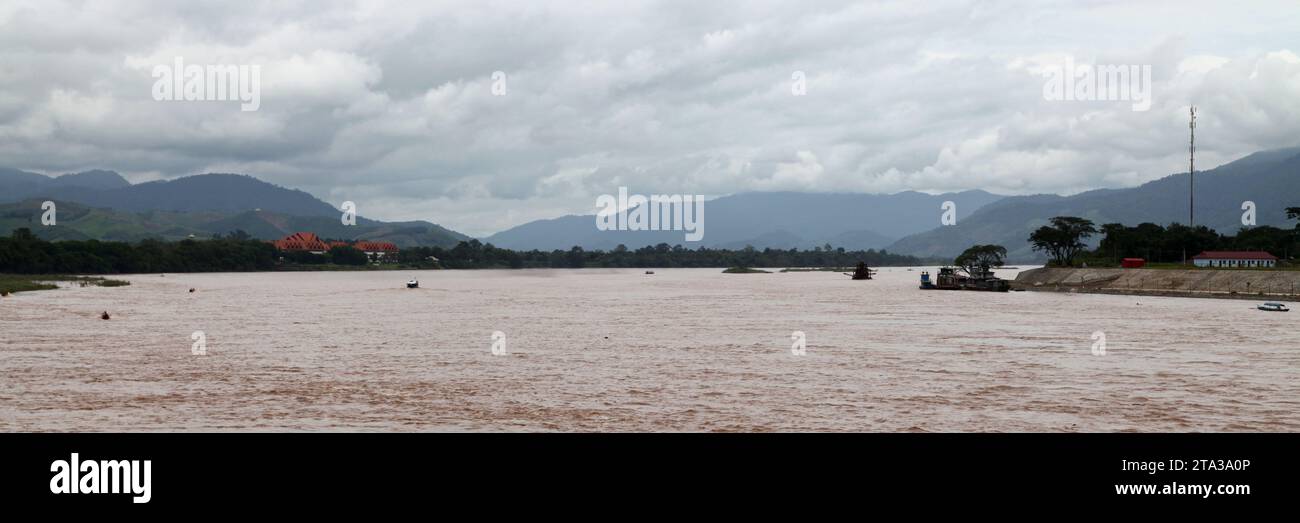 View of the Mekong river taken from the Thai village of Chiang Saen. On the left side it is Burma, while on the right side, it is the Golden Triangle Stock Photo