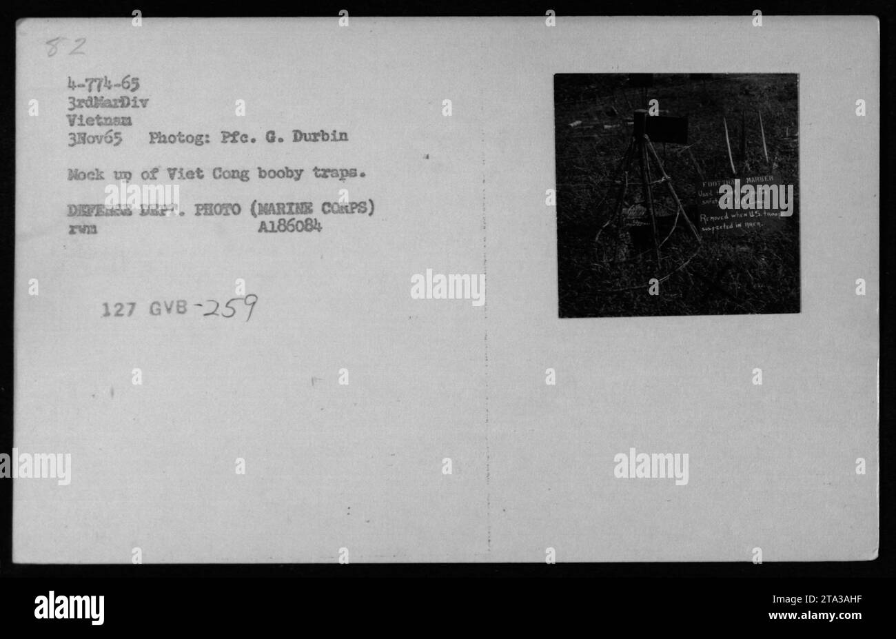 A mock-up of Viet Cong booby traps is pictured during Mine Warfare School on November 3, 1965, in Vietnam. This image, captured by Pfc. G. Durbin, shows the detailed construction of various traps used by the Viet Cong. This photograph is a Defense Department photo (Marine Corps) with the reference code A186084. Stock Photo