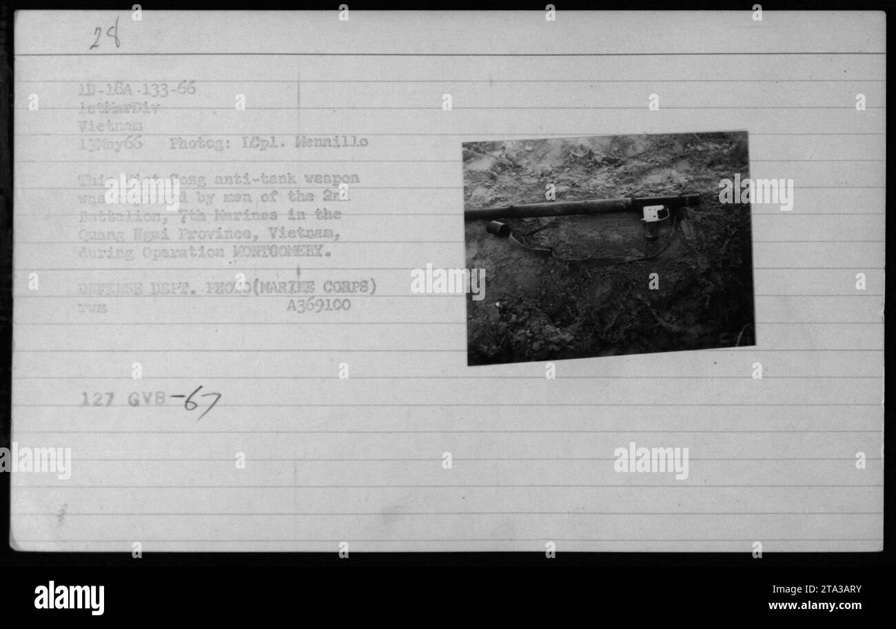 US Marines inspect a captured Viet Cong anti-tank weapon in Quang Ngai ...