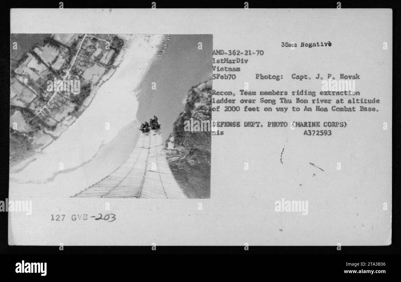 On February 5, 1970, 1st Marine Division soldiers in Vietnam were extracted and inserted via helicopter over the Song Thu Bon River at 2000 feet en route to An Hoa Combat Base. Stock Photo